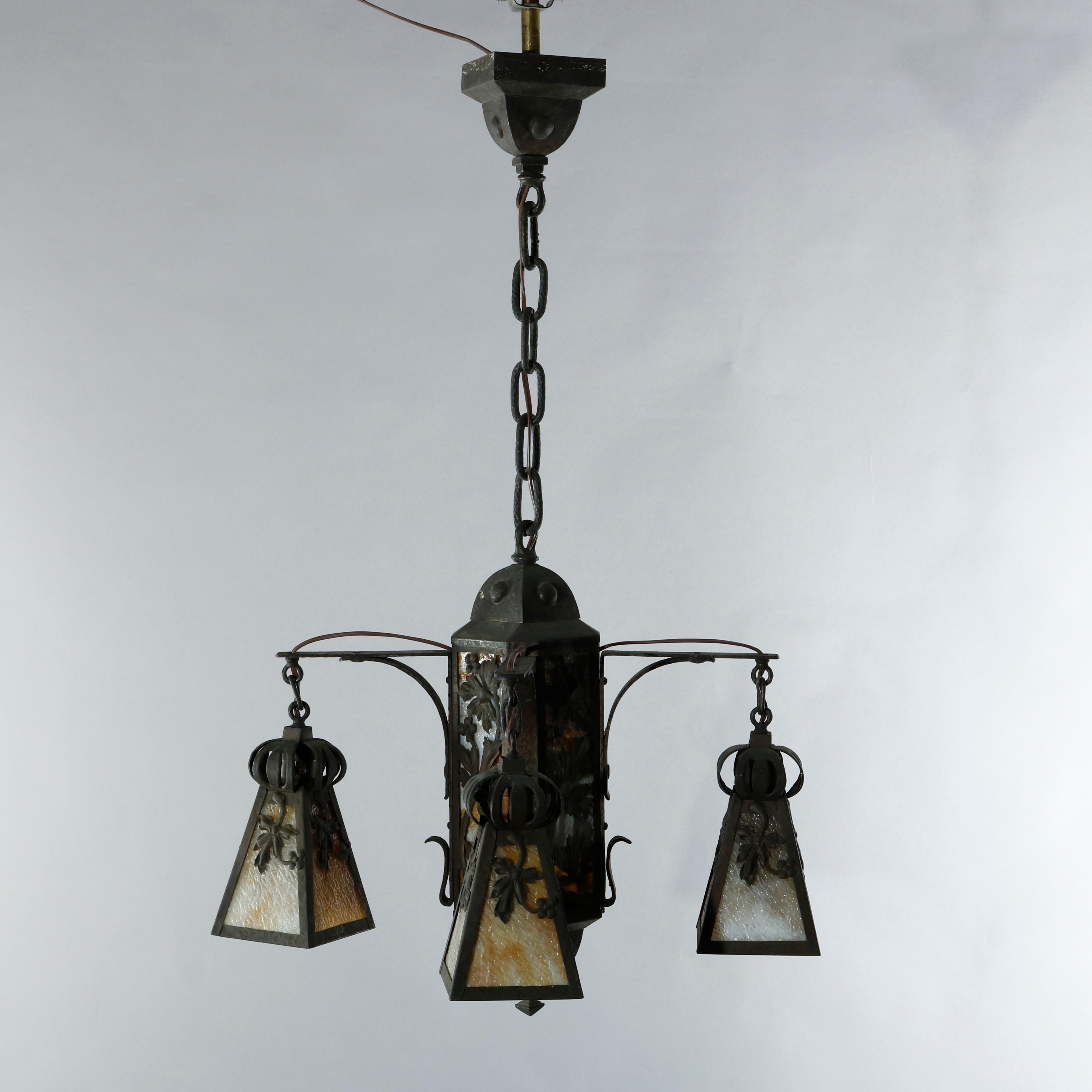 Arts and Crafts Antique Arts & Crafts Wrought Iron 4-Light Ceiling Fixture, Circa 1910