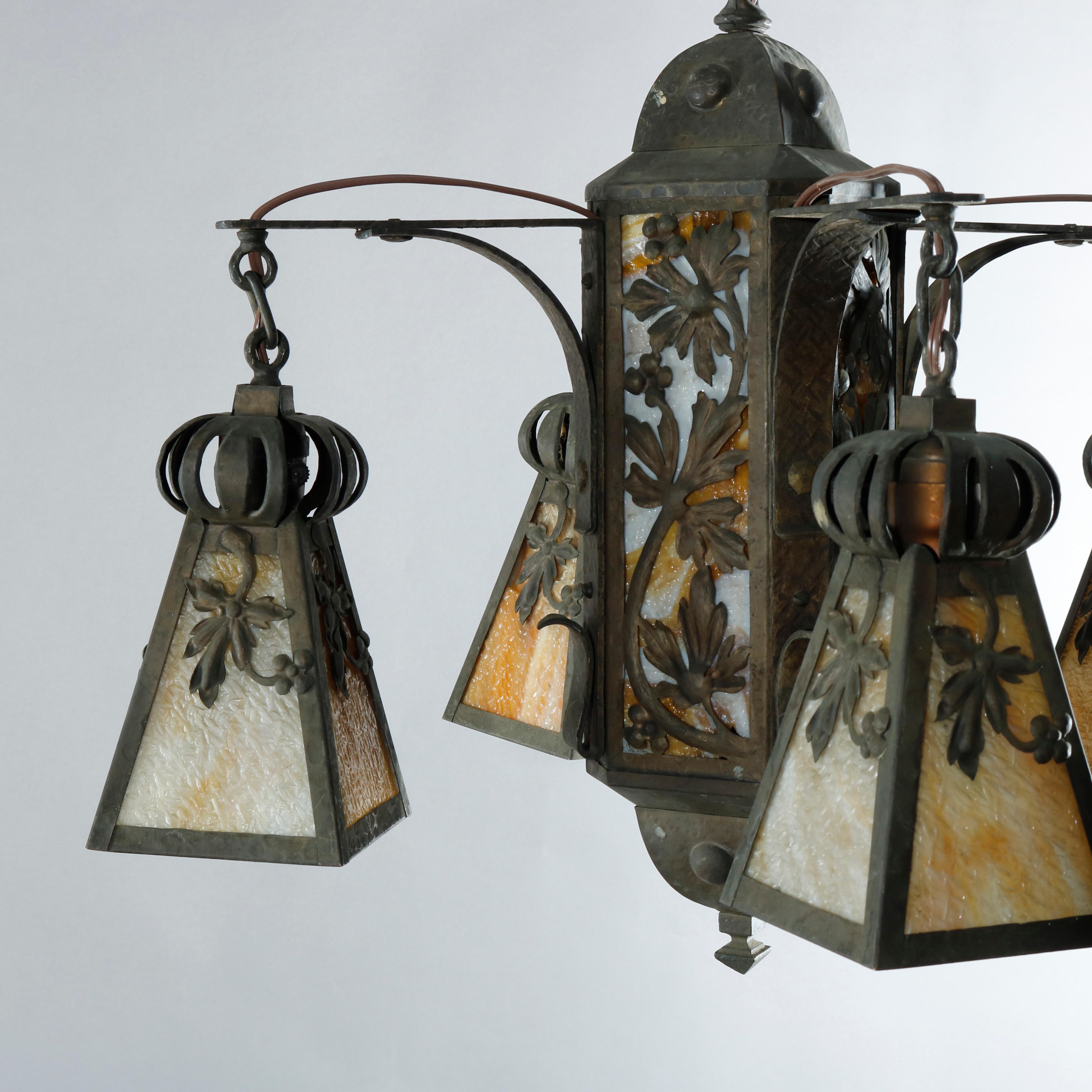 American Antique Arts & Crafts Wrought Iron 4-Light Ceiling Fixture, Circa 1910