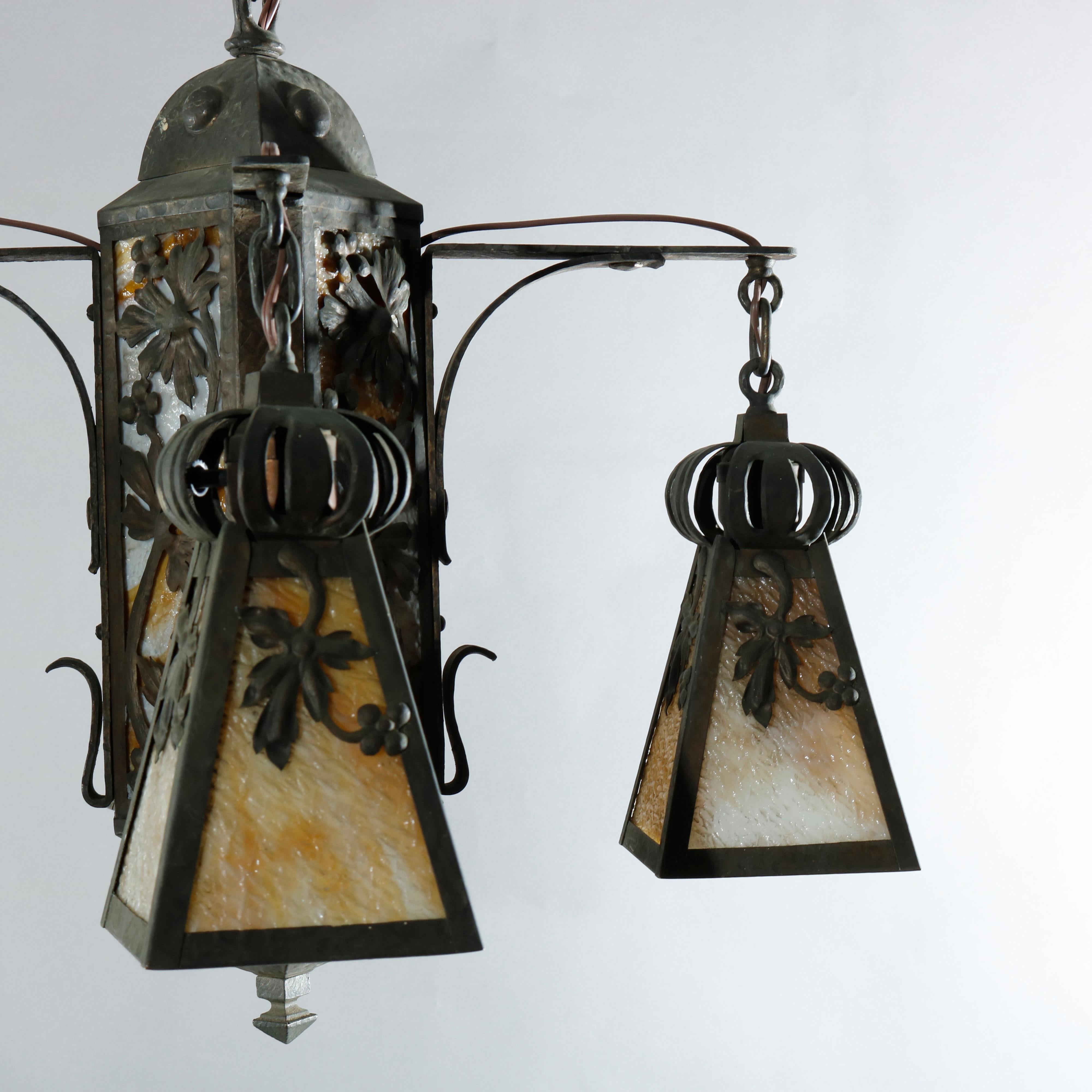 Cast Antique Arts & Crafts Wrought Iron 4-Light Ceiling Fixture, Circa 1910