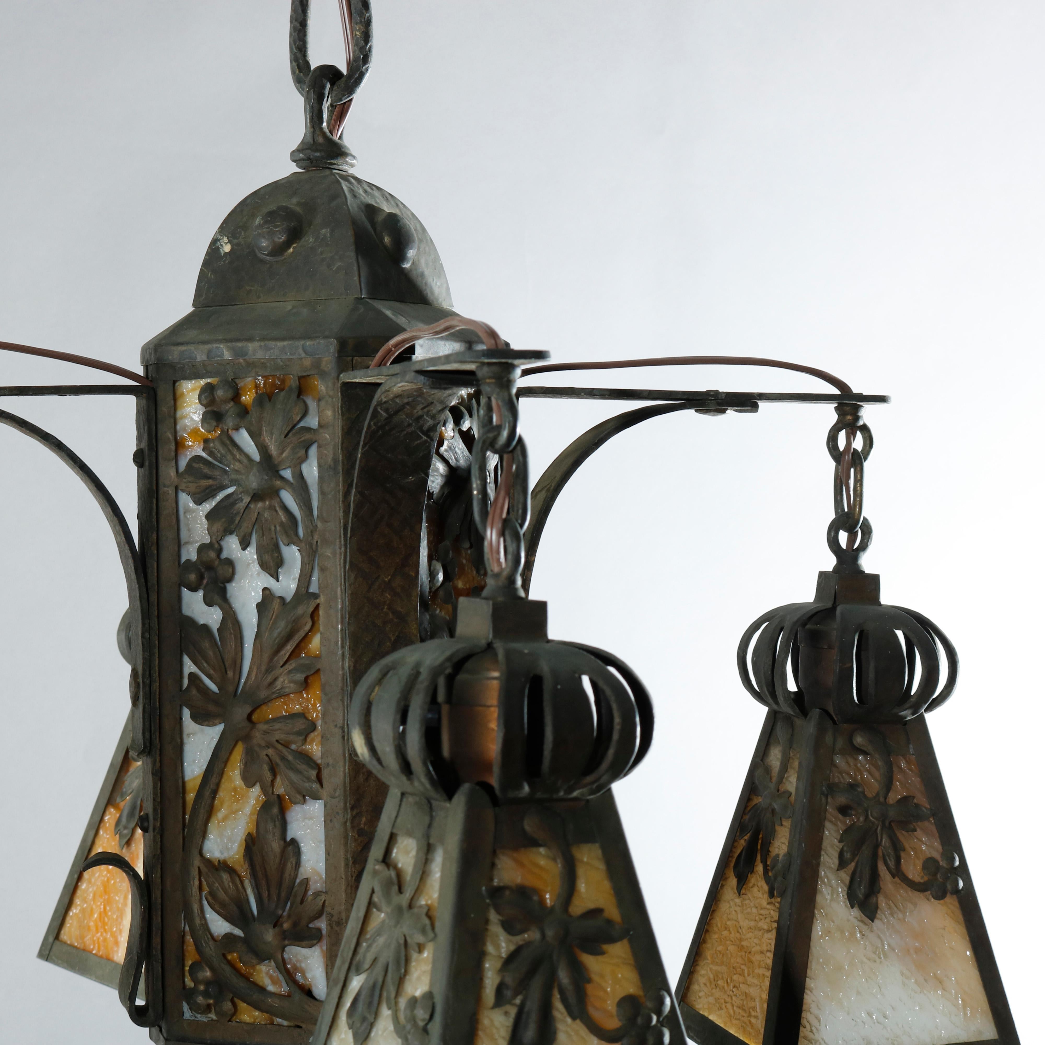 Antique Arts & Crafts Wrought Iron 4-Light Ceiling Fixture, Circa 1910 In Good Condition In Big Flats, NY
