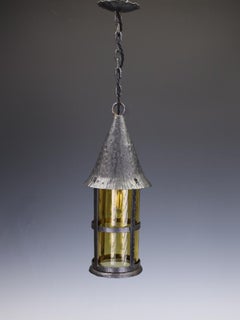 Antique Arts & Crafts Wrought Iron & Hand-Blown Amber Glass Pendant Lantern