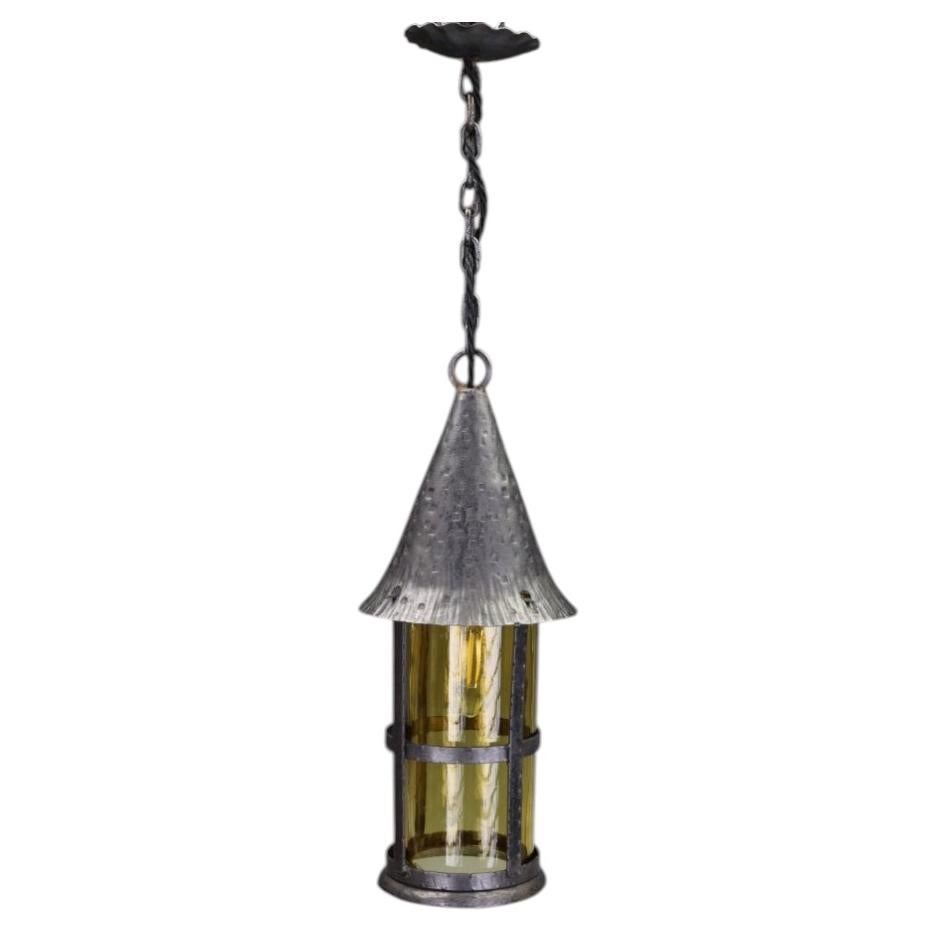 Antique Arts & Crafts Wrought Iron & Hand-Blown Amber Glass Pendant Lantern For Sale