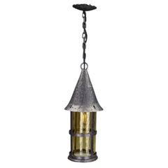 Antique Arts & Crafts Wrought Iron & Hand-Blown Amber Glass Pendant Lantern