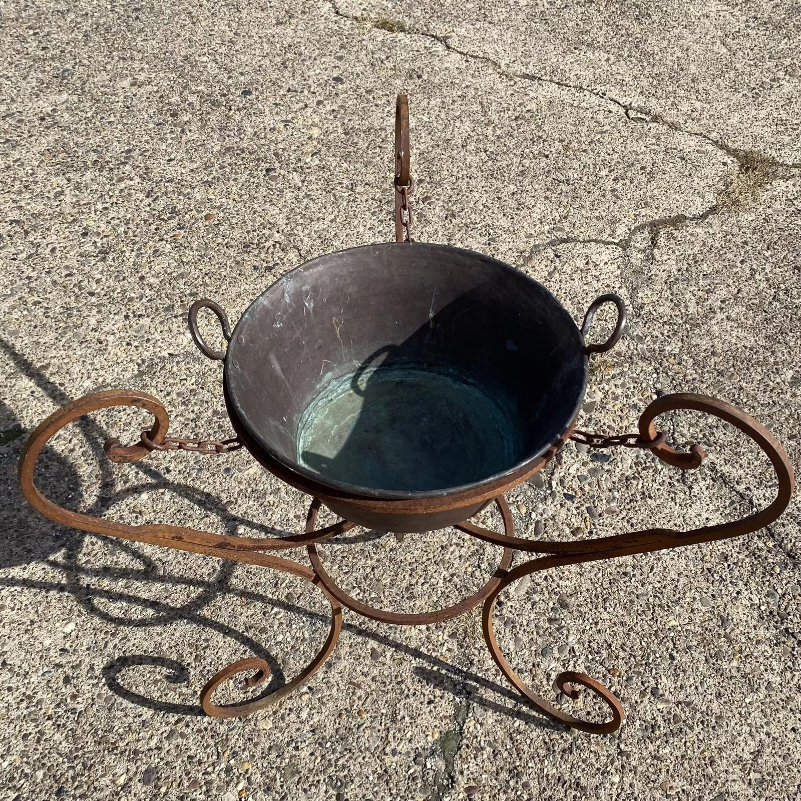 Arts and Crafts Antique Arts & Crafts Wrought Iron Party Tub Copper Pot Champagne Wine Chiller For Sale