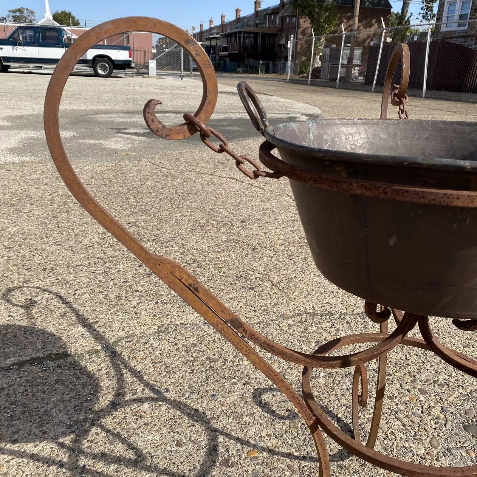Unknown Antique Arts & Crafts Wrought Iron Party Tub Copper Pot Champagne Wine Chiller For Sale