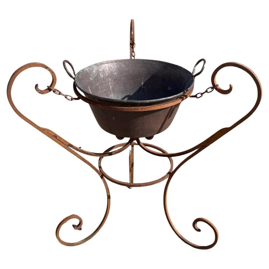 Antique Arts & Crafts Wrought Iron Party Tub Copper Pot Champagne Wine Chiller For Sale
