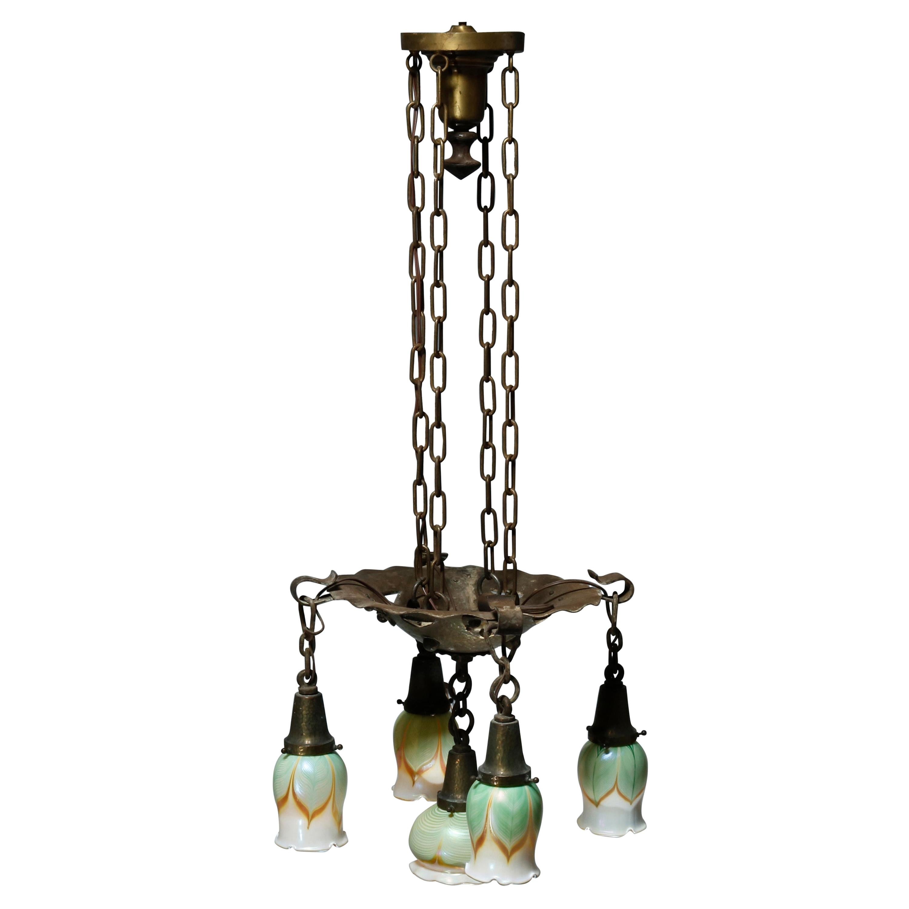 Antique Arts 
Crafts Wrought Iron 
Pulled Feather Ceiling Fixture, Circa 1910