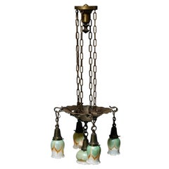 Antique Arts & Crafts Wrought Iron & Pulled Feather Ceiling Fixture, Circa 1910