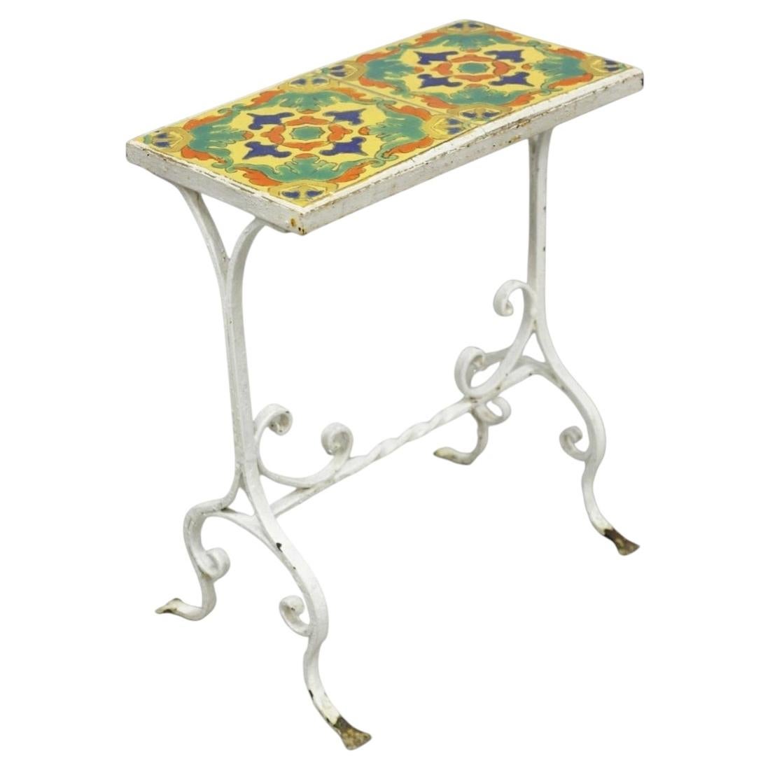 Antique Arts & Crafts Wrought Iron Side Table w/ Catalina California Tile Top