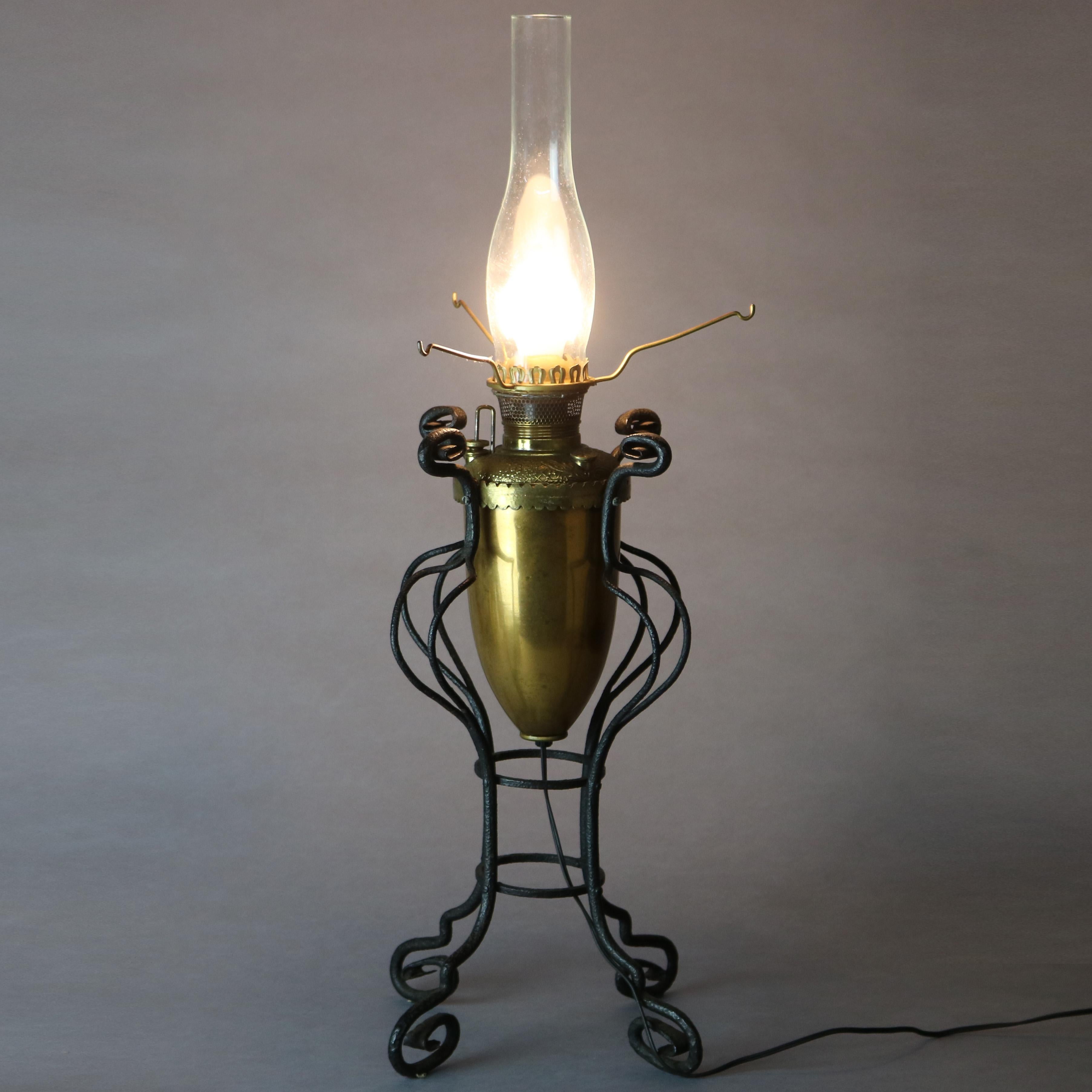 Antique Arts & Crafts Wrought Iron Table Lamp & Hand Painted Shade, circa 1910 For Sale 2