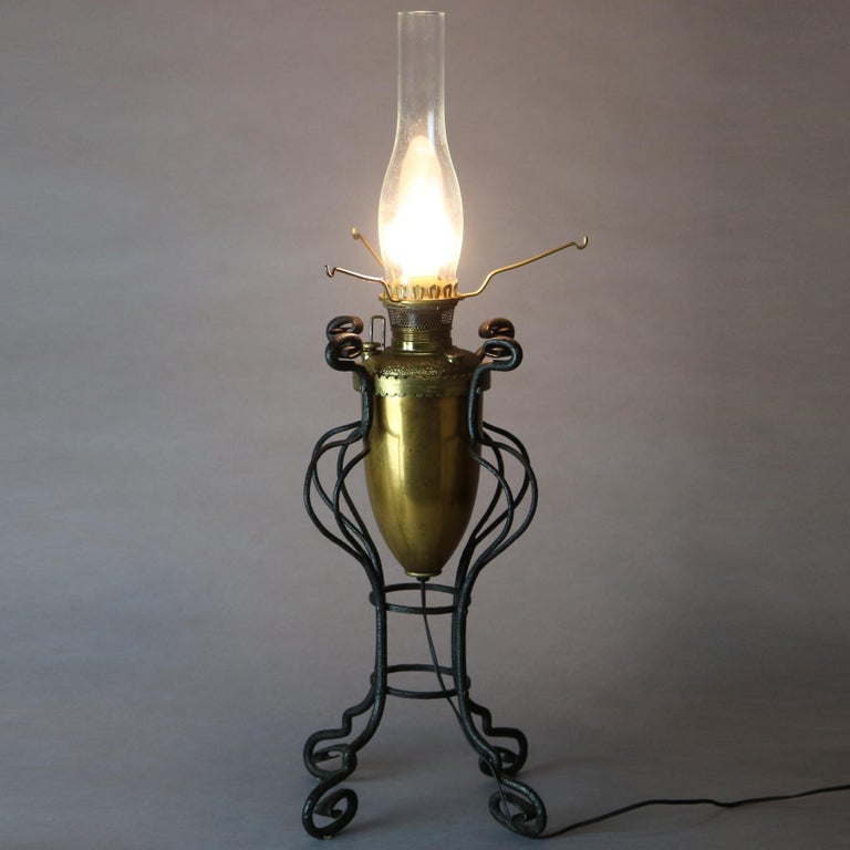 Antique Arts & Crafts Wrought Iron Table Lamp & Hand Painted Shade, circa 1910 For Sale 5