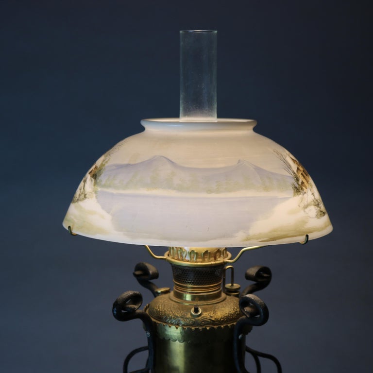 American Antique Arts & Crafts Wrought Iron Table Lamp & Hand Painted Shade, circa 1910 For Sale