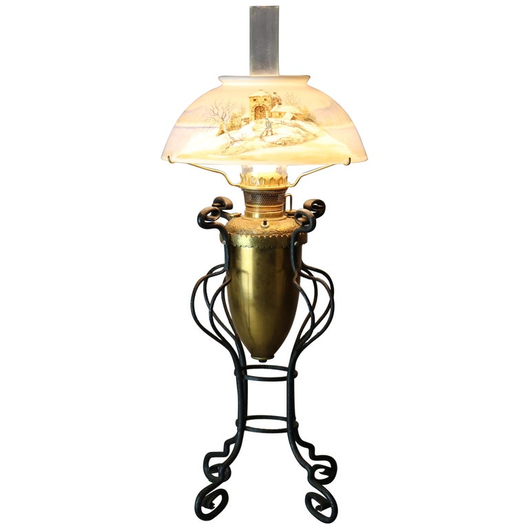 Antique Arts & Crafts Wrought Iron Table Lamp & Hand Painted Shade, circa 1910 For Sale