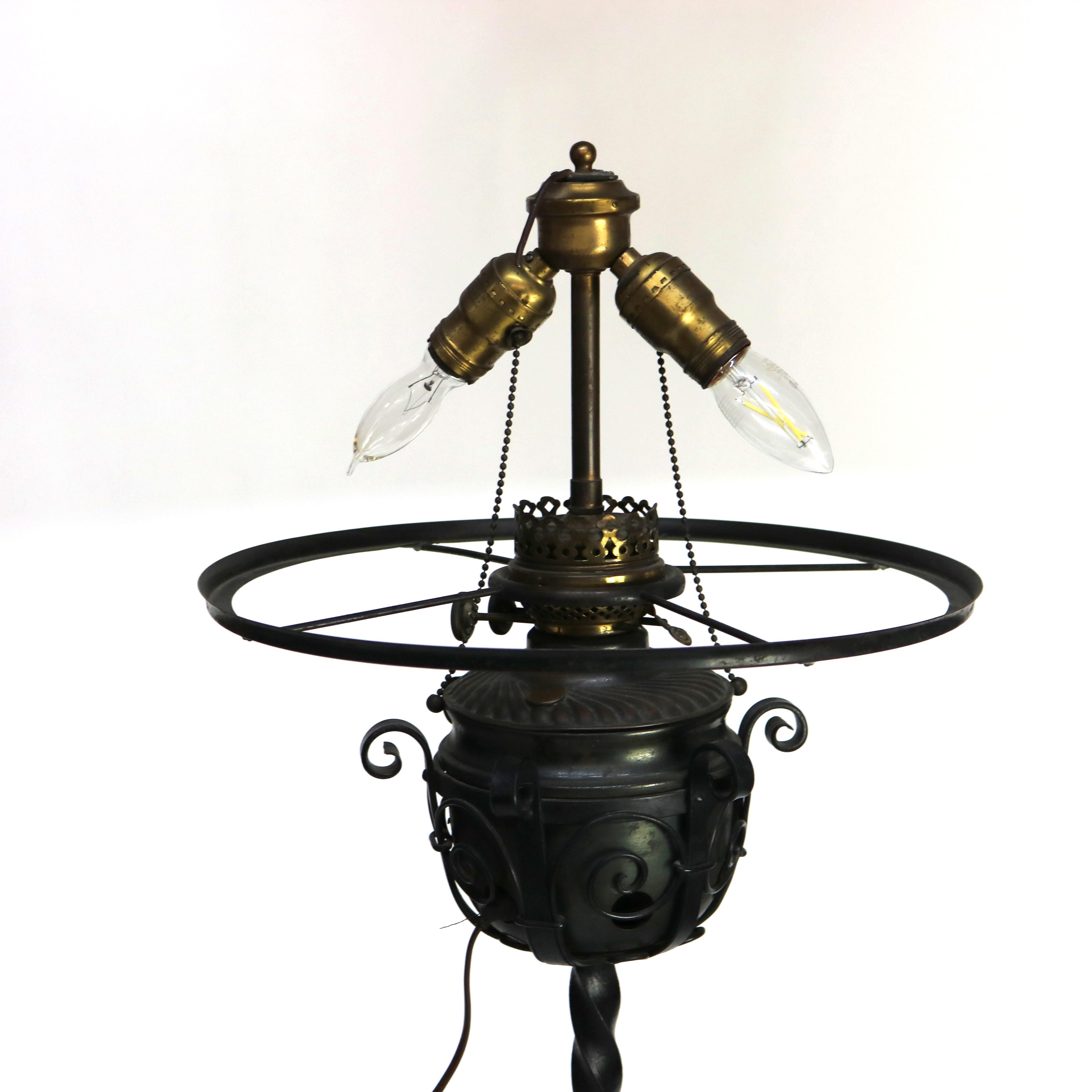 Ancienne lampe de bureau Arts & Crafts en fer forgé avec abat-jour en verre rouge C1920 en vente 6