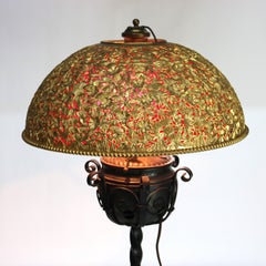 Antique Arts & Crafts Wrought Iron Table Lamp with Red Glass Shade C1920