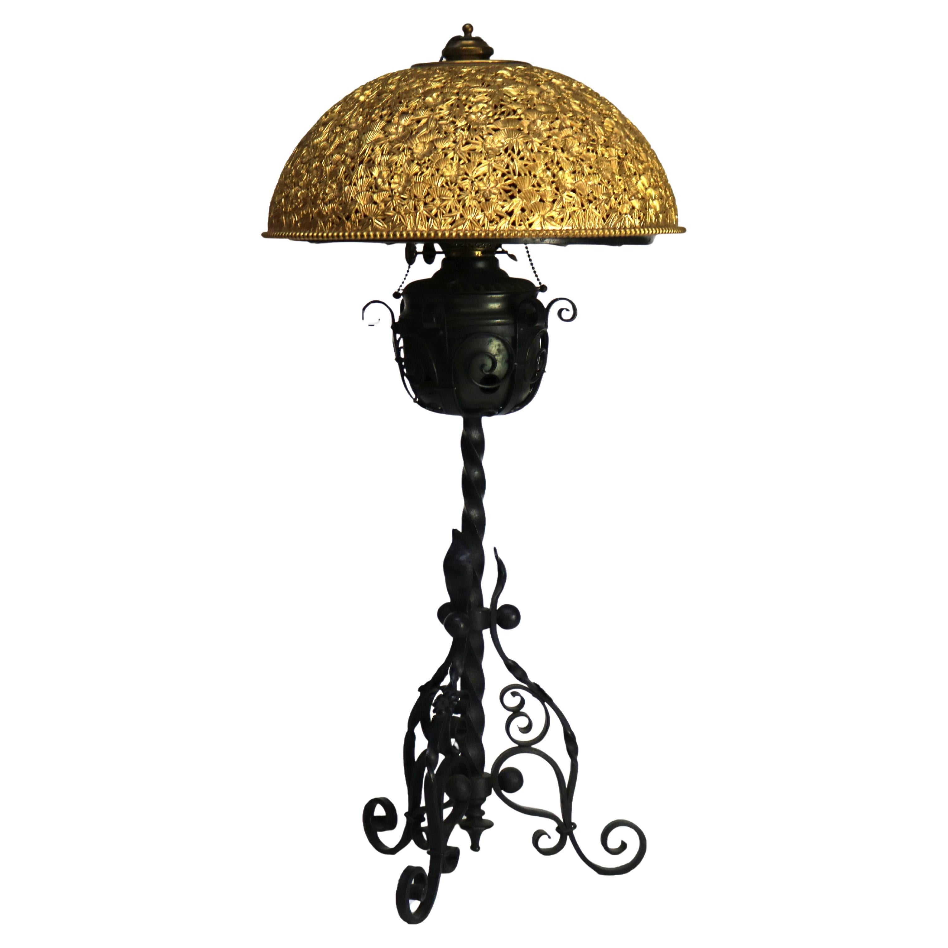 Antique Arts & Crafts Wrought Iron Table Lamp with Red Glass Shade C1920