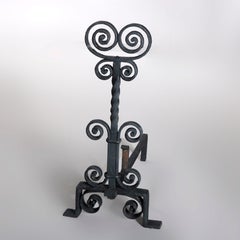Antique Arts & Crafts Wrought Iron Yellin School Fireplace Andirons, circa 1910