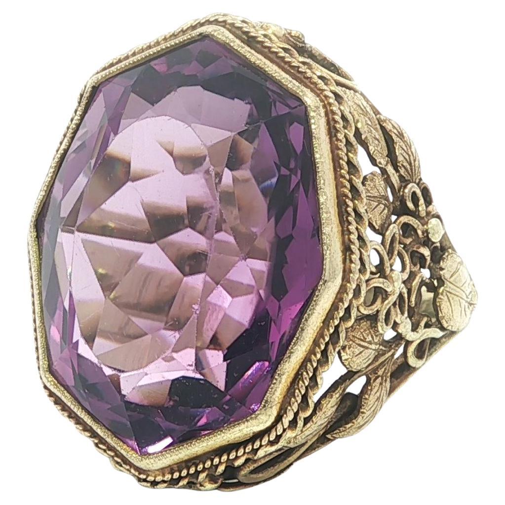 Antique Arts 
Crafts Yellow Gold Unique Cut Amethyst Solitaire Leaf Work Ring For Sale