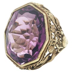 Antique Arts 
Crafts Yellow Gold Unique Cut Amethyst Solitaire Leaf Work Ring