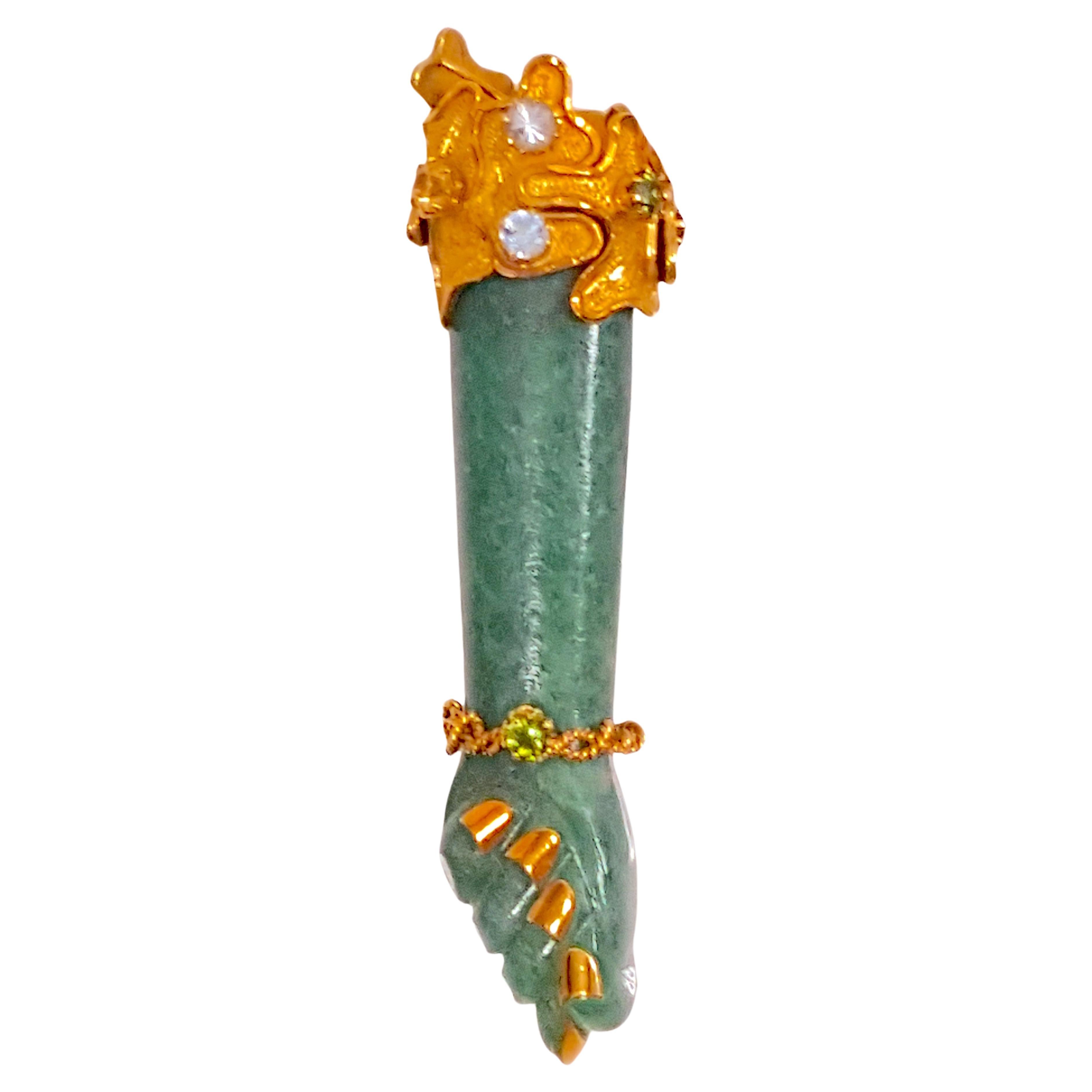 Antique Arts&Crafts Jade 18kGold 10 ProngSetDiamond&Gems ArmHand Amulet Pendant For Sale