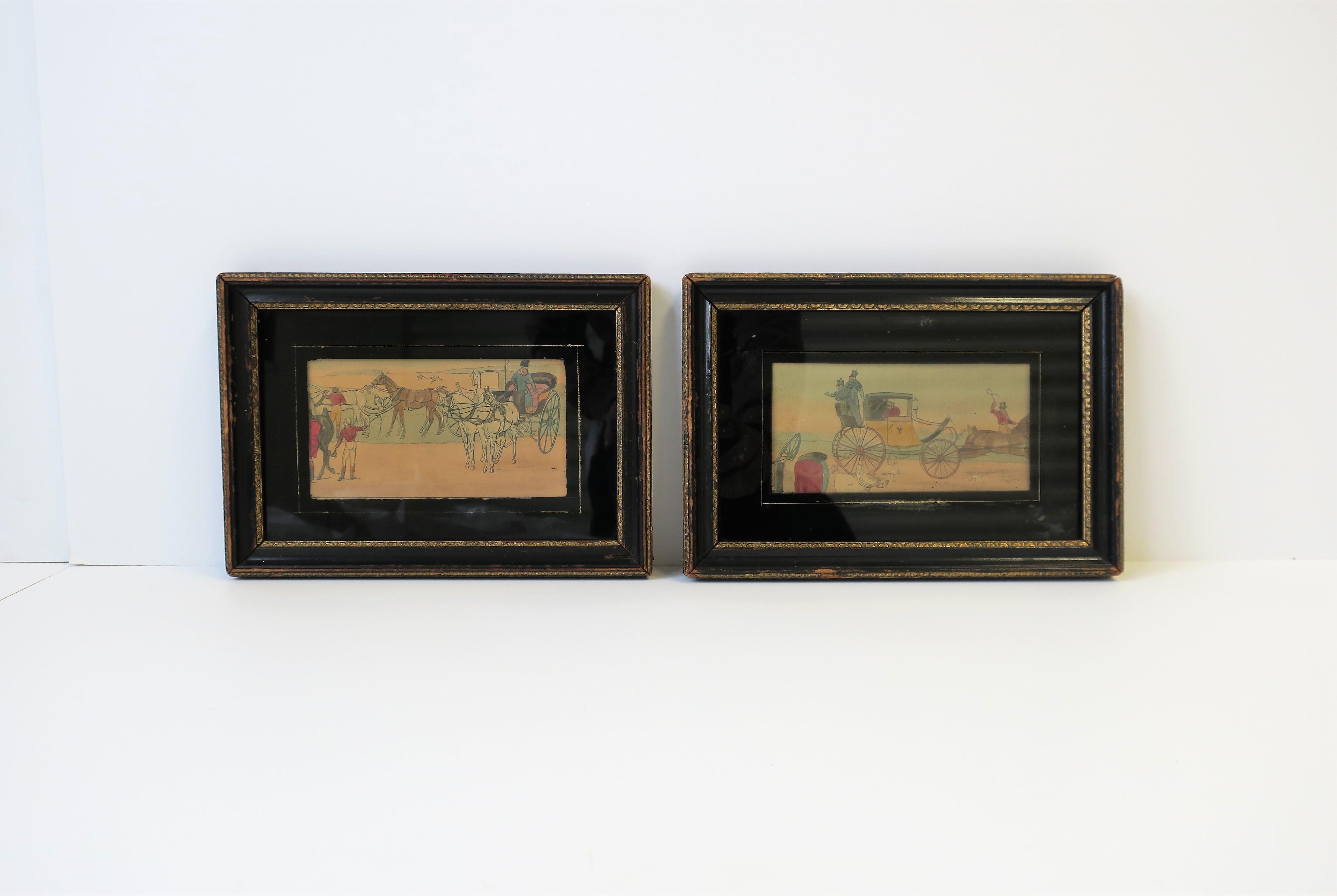 A beautiful set of two antique black and gold handmade frames with prints or tears from an old story book that have been hand-colored in (watercolor), circa early 20th century. Pieces have a glass protector with a black and gold reverse overlay