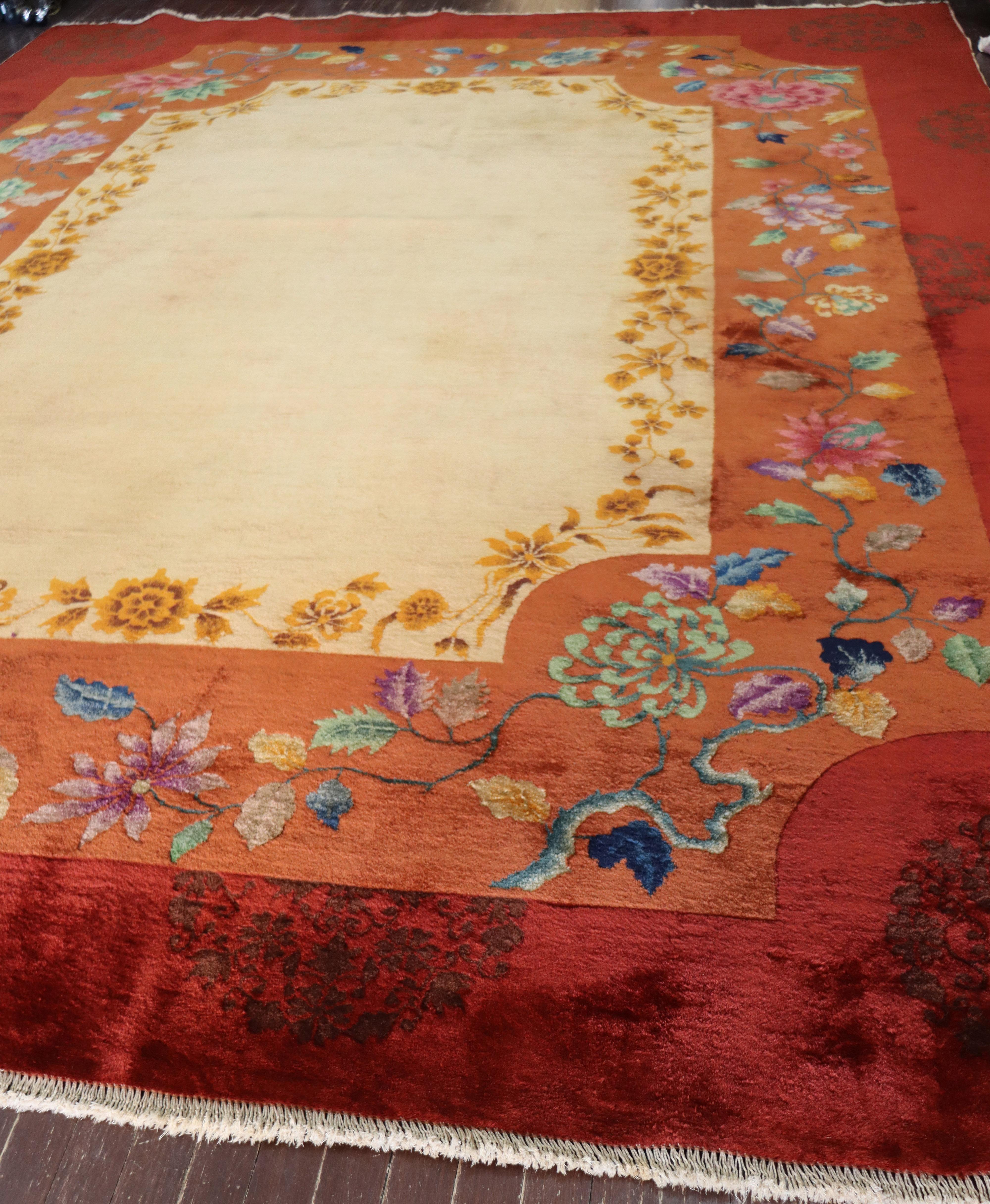 Wool Antique Art Deco Chinese Carpet, Unusual, 8'10
