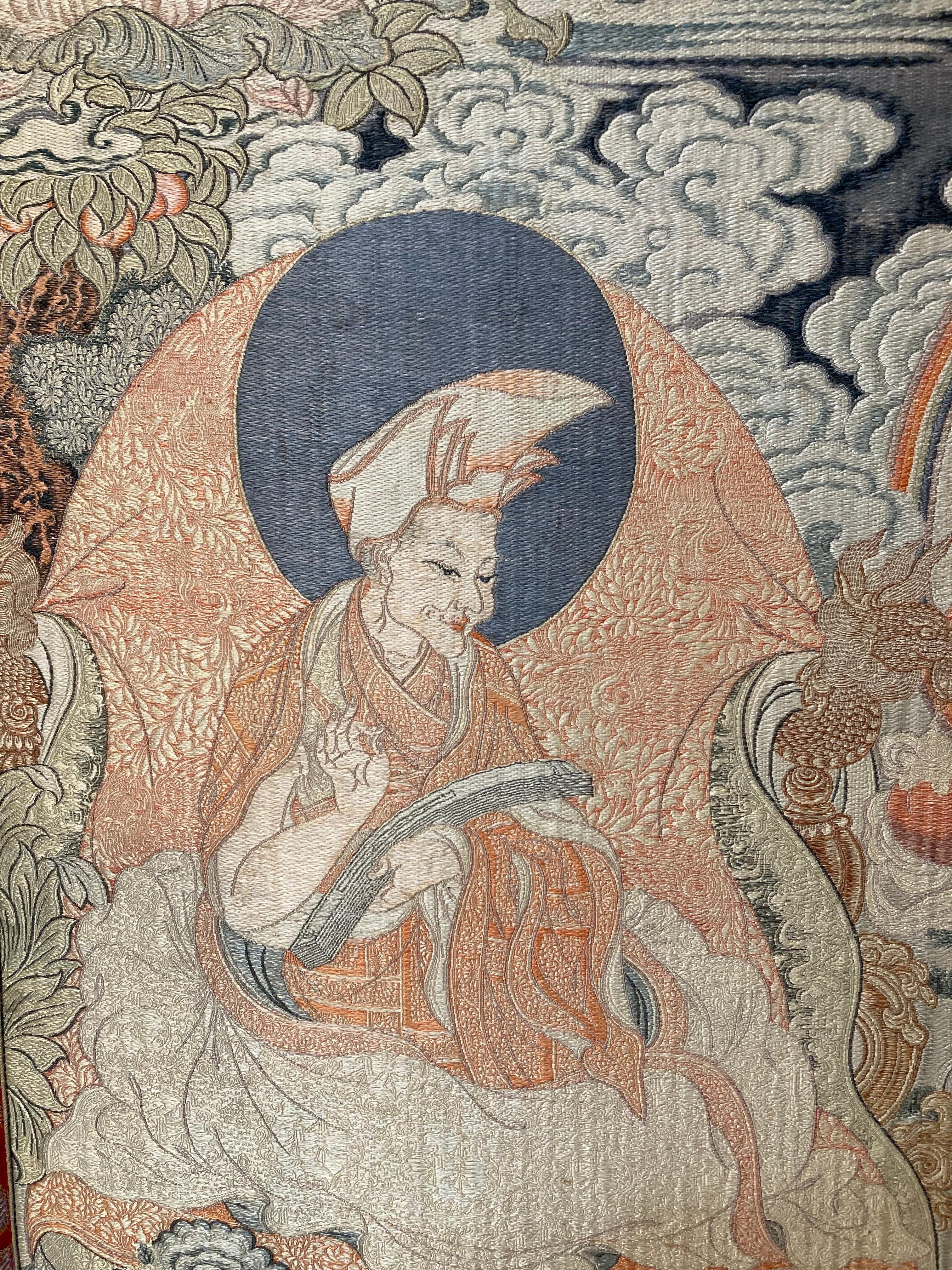 Tibetan Antique Ascended Kagyu Master Thangka Tapestry, 1920s For Sale