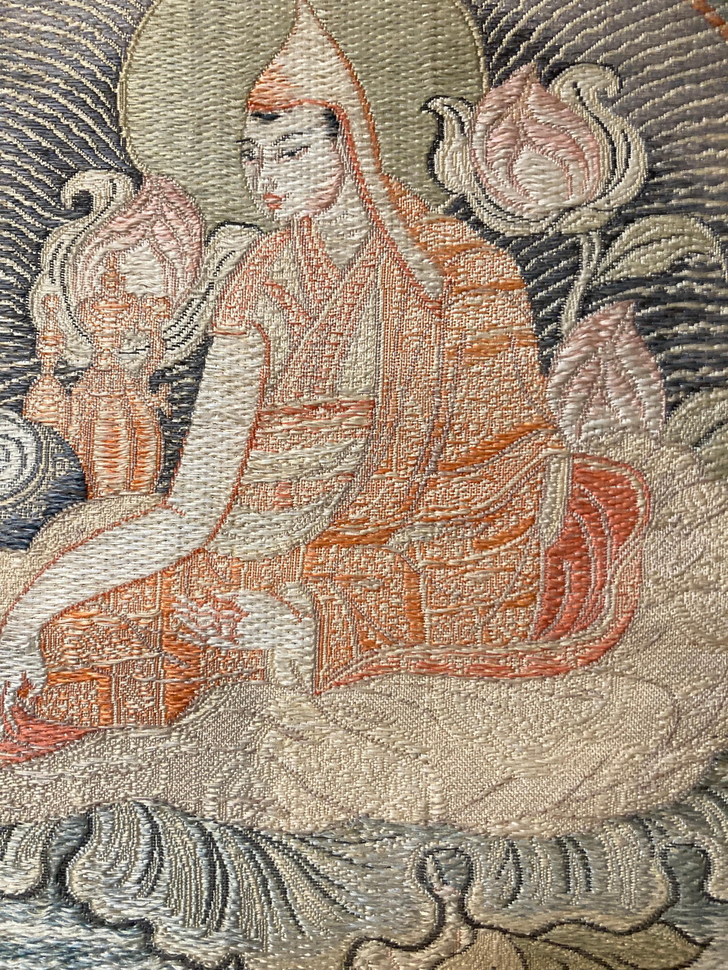 Embroidered Antique Ascended Kagyu Master Thangka Tapestry, 1920s For Sale