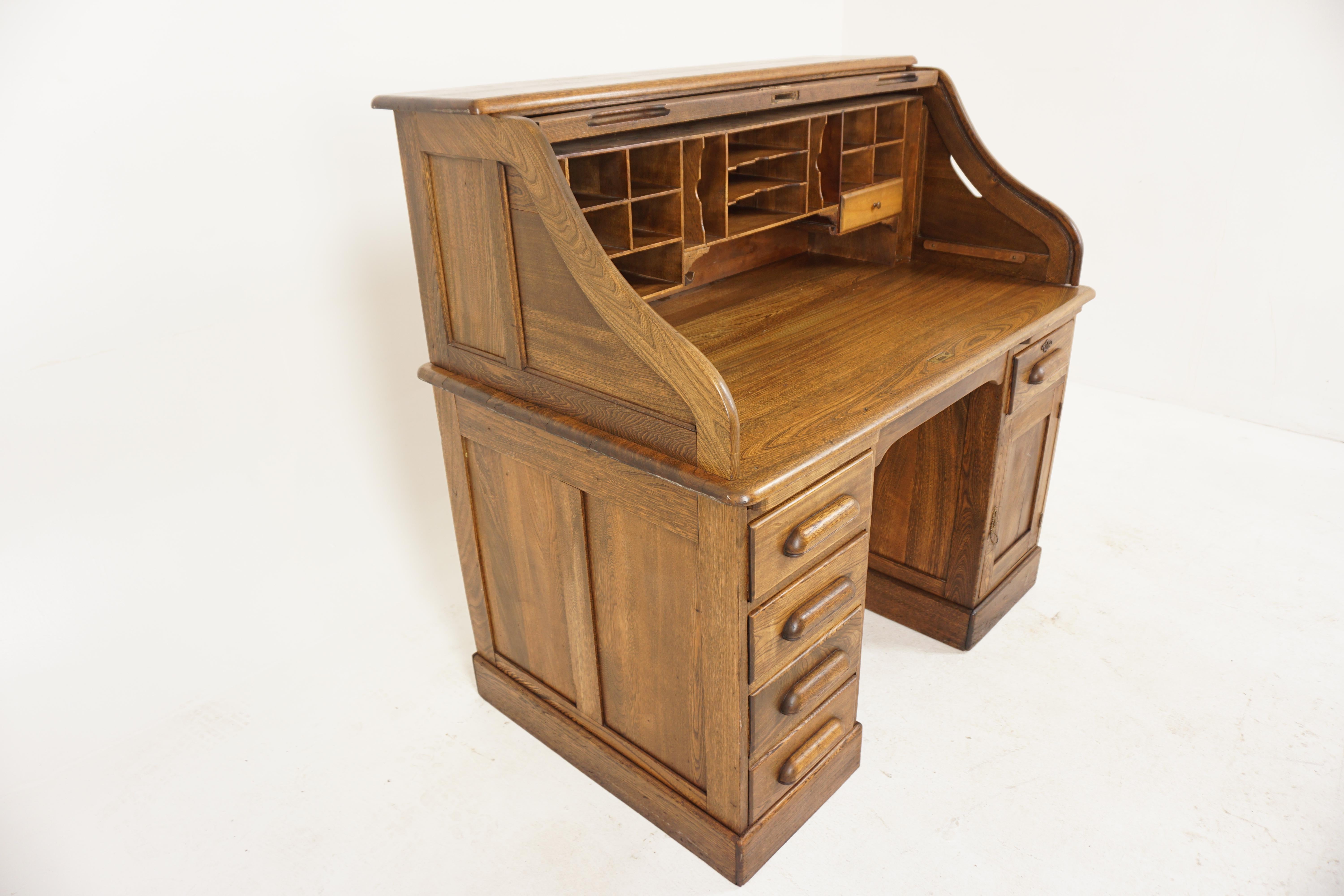 Antique Ash Double Pedestal Roll up Desk, American 1910, B597 In Good Condition In Vancouver, BC
