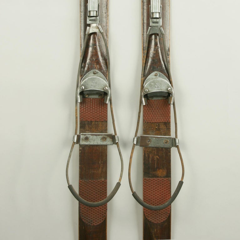 Antique Ash Skis with Unique Oberhof Safety Bindings, Telemark Museum