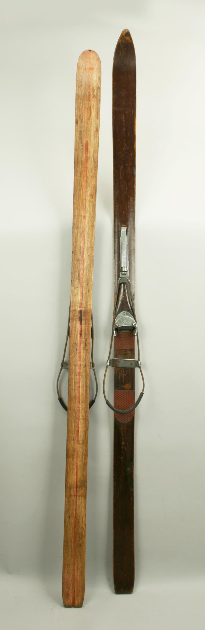 Sporting Art Antique Ash Skis with Unique Oberhof Safety Bindings, Telemark Museum piece.