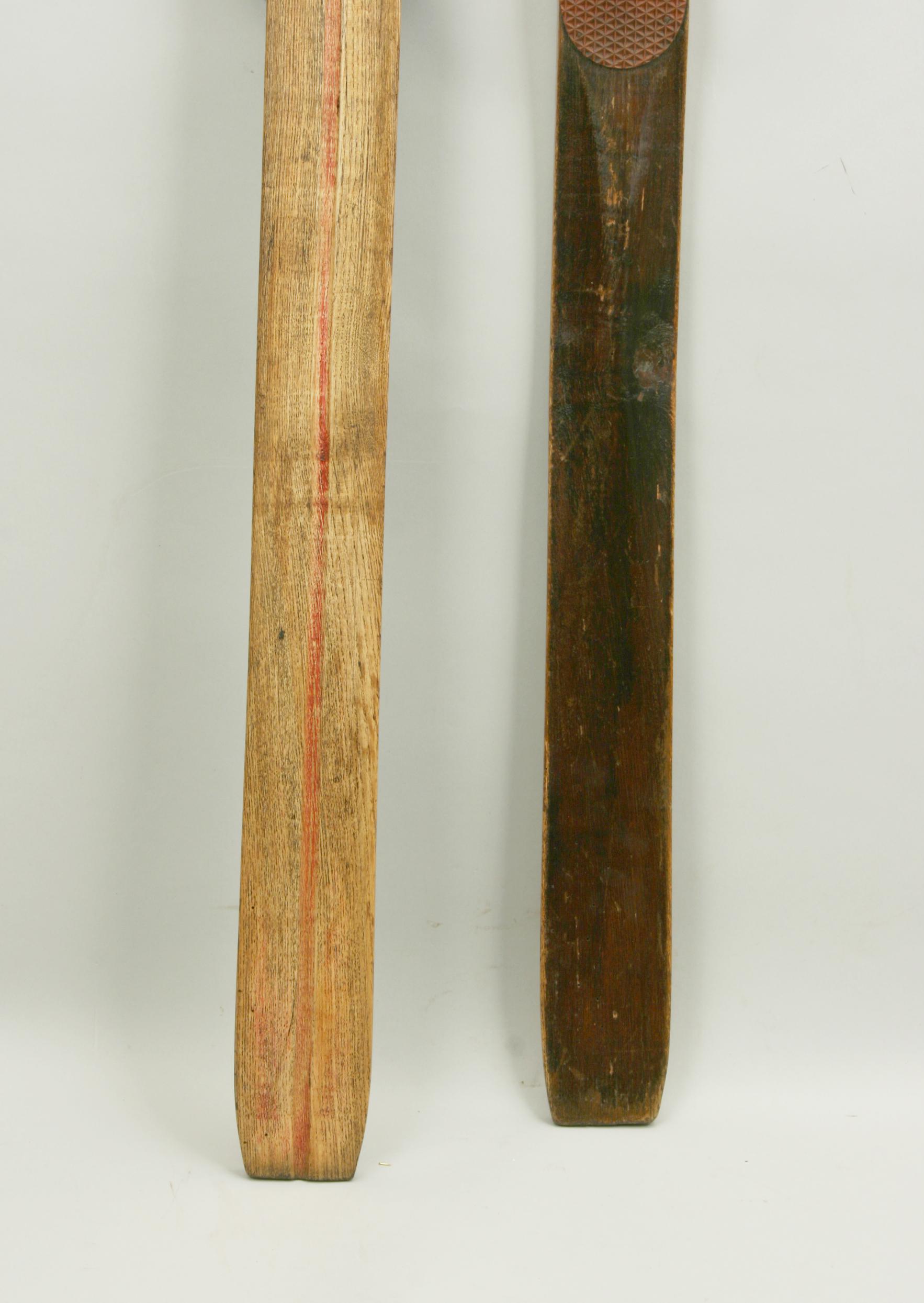 English Antique Ash Skis with Unique Oberhof Safety Bindings, Telemark Museum piece.