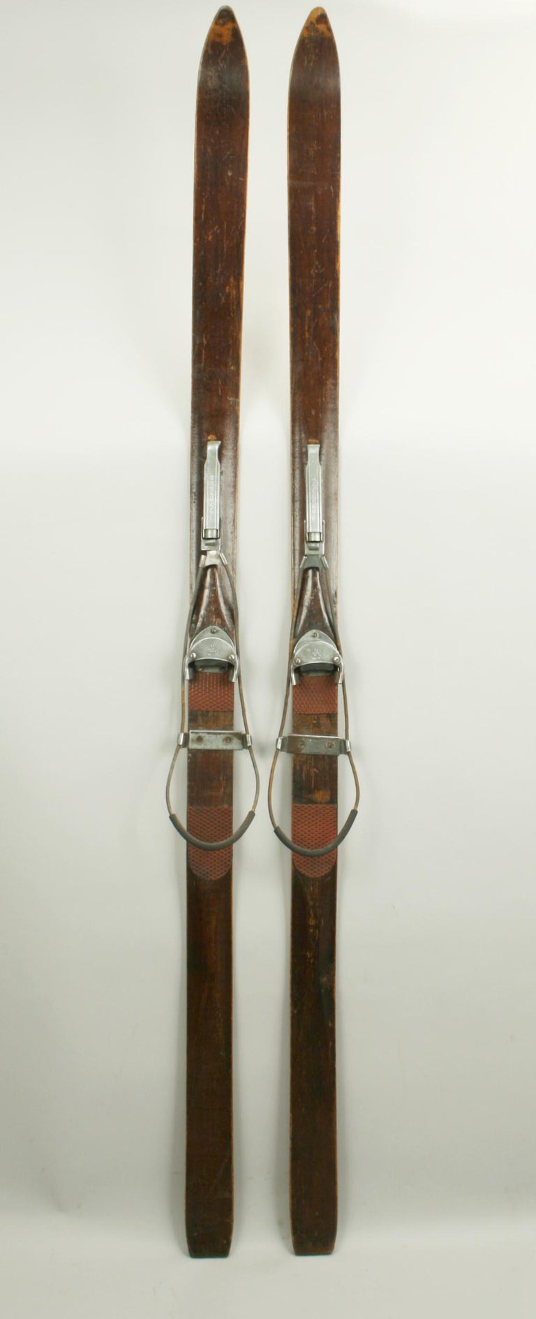 Antique Ash Skis with Unique Oberhof Safety Bindings, Museum Piece at