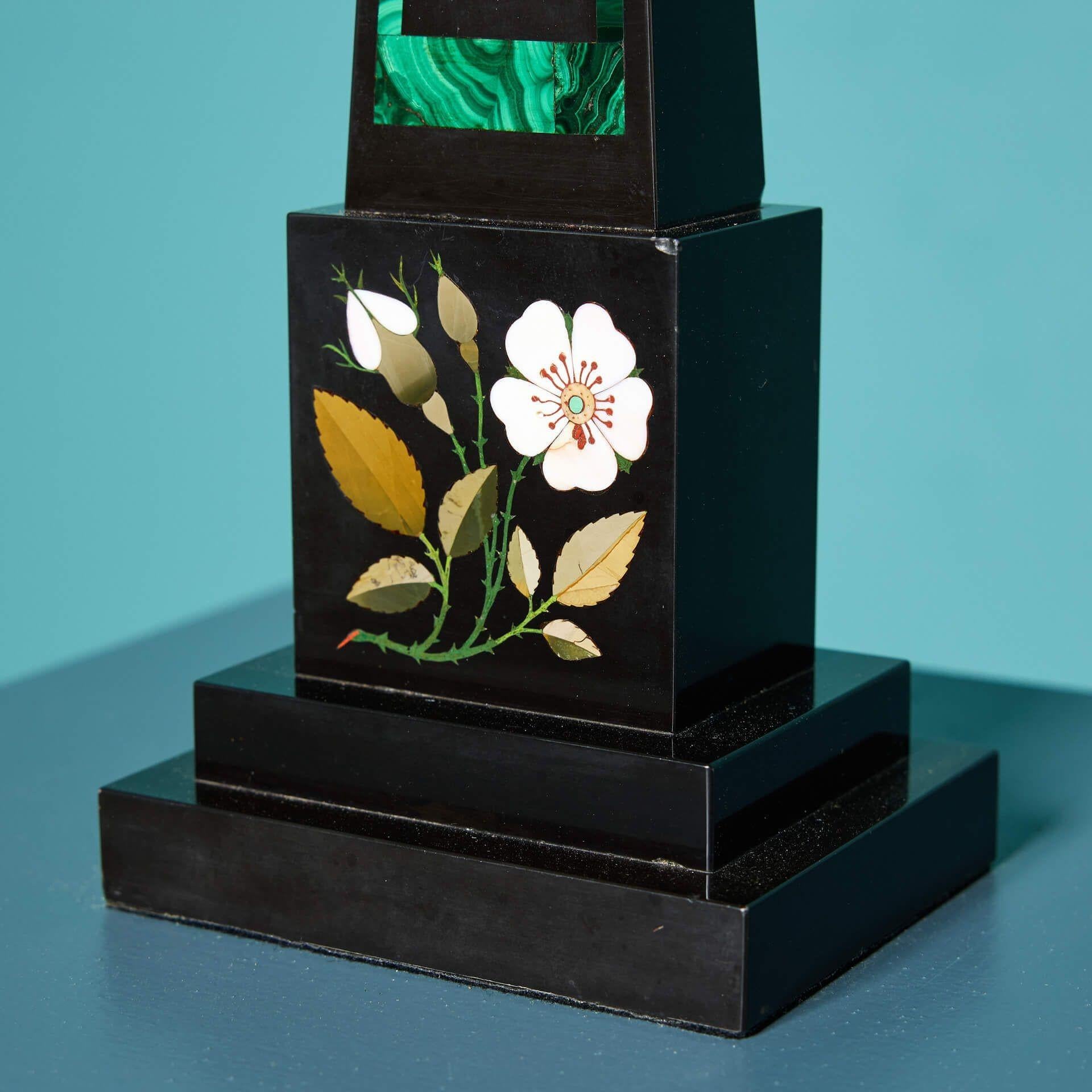 Neoclassical Antique Ashford Black and Pietra Dura Marble Obelisk Thermometer For Sale