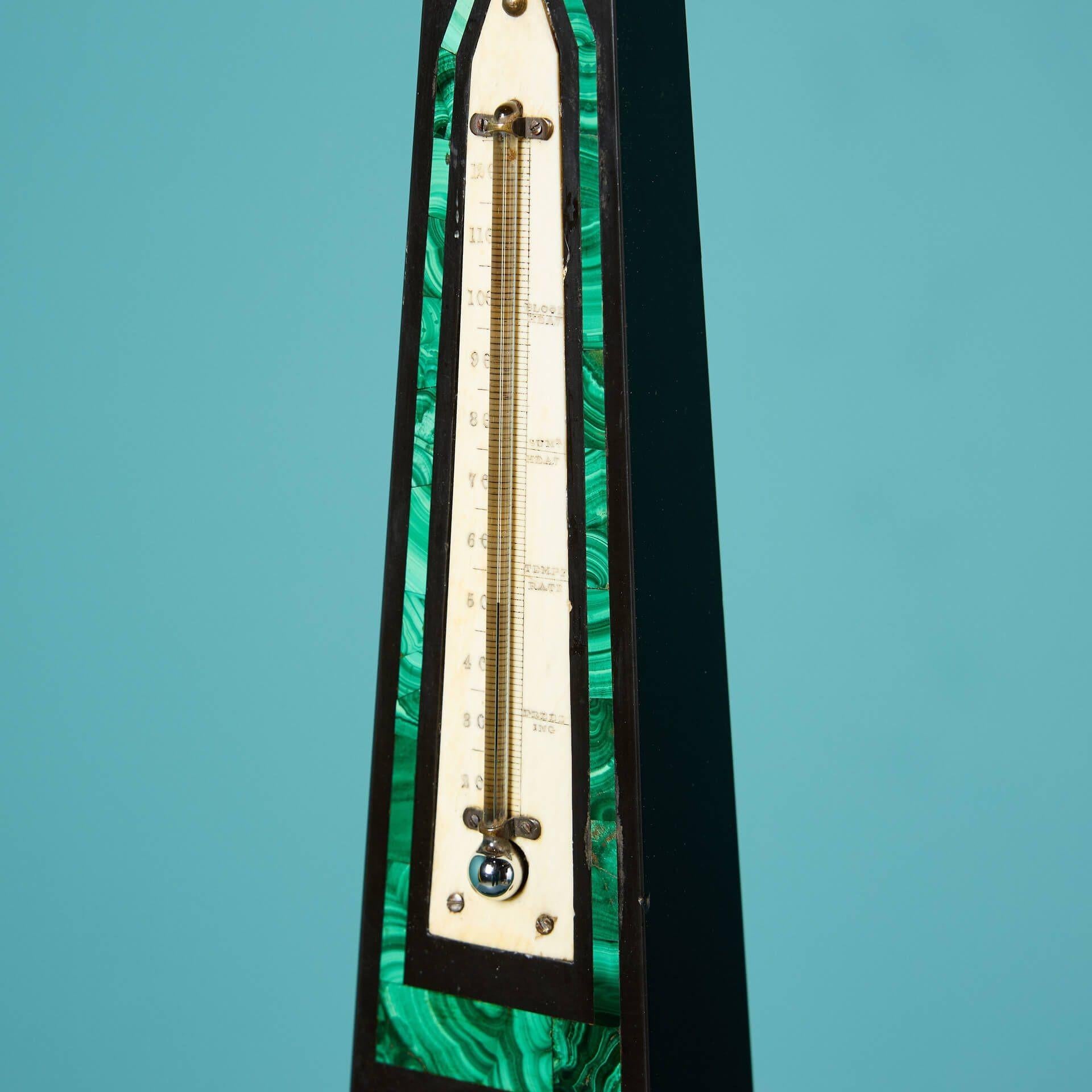 English Antique Ashford Black and Pietra Dura Marble Obelisk Thermometer For Sale