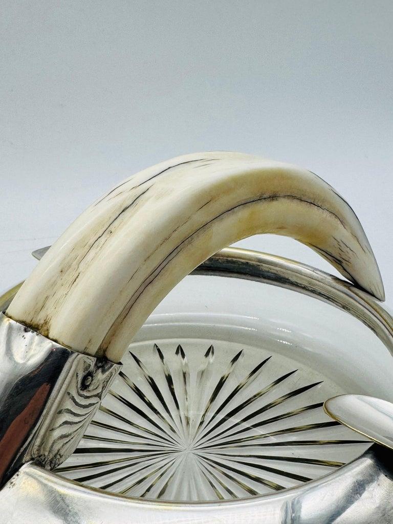 Antique ashtray made of Silver plated and cut Glass with boar teeth, 1910 In Good Condition For Sale In Berlin, DE