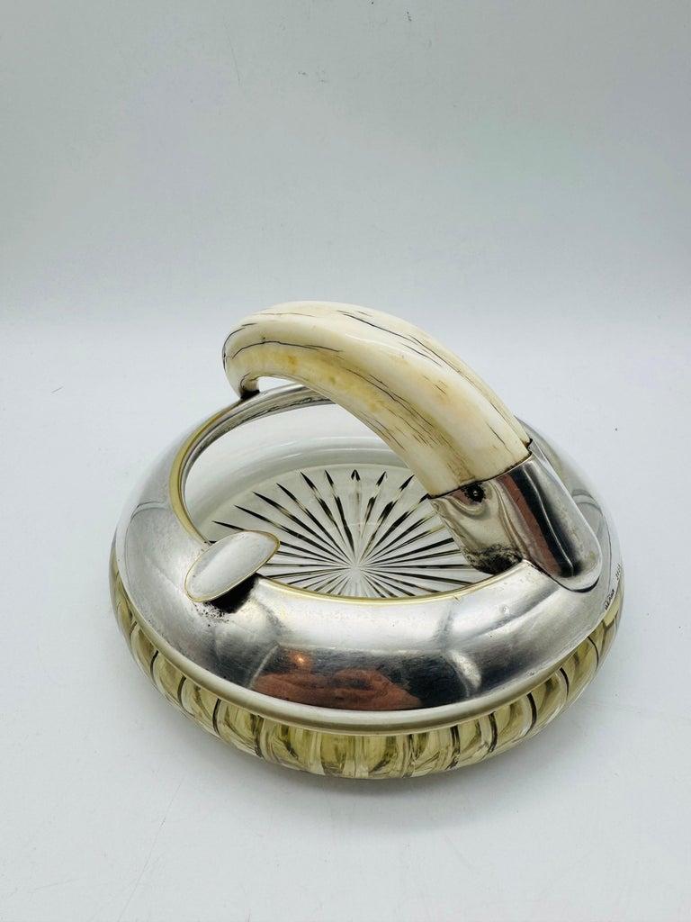 Crystal Antique ashtray made of Silver plated and cut Glass with boar teeth, 1910 For Sale