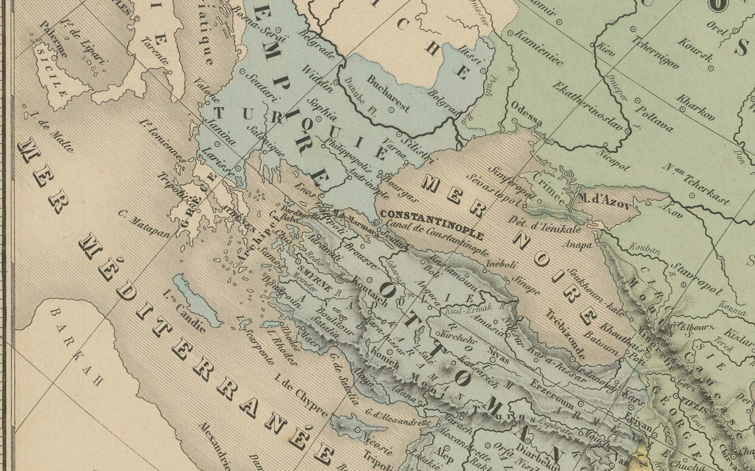 Mapa antiguo de Asia - Gran grabado del siglo XIX con fronteras políticas, 1865 Francés en venta