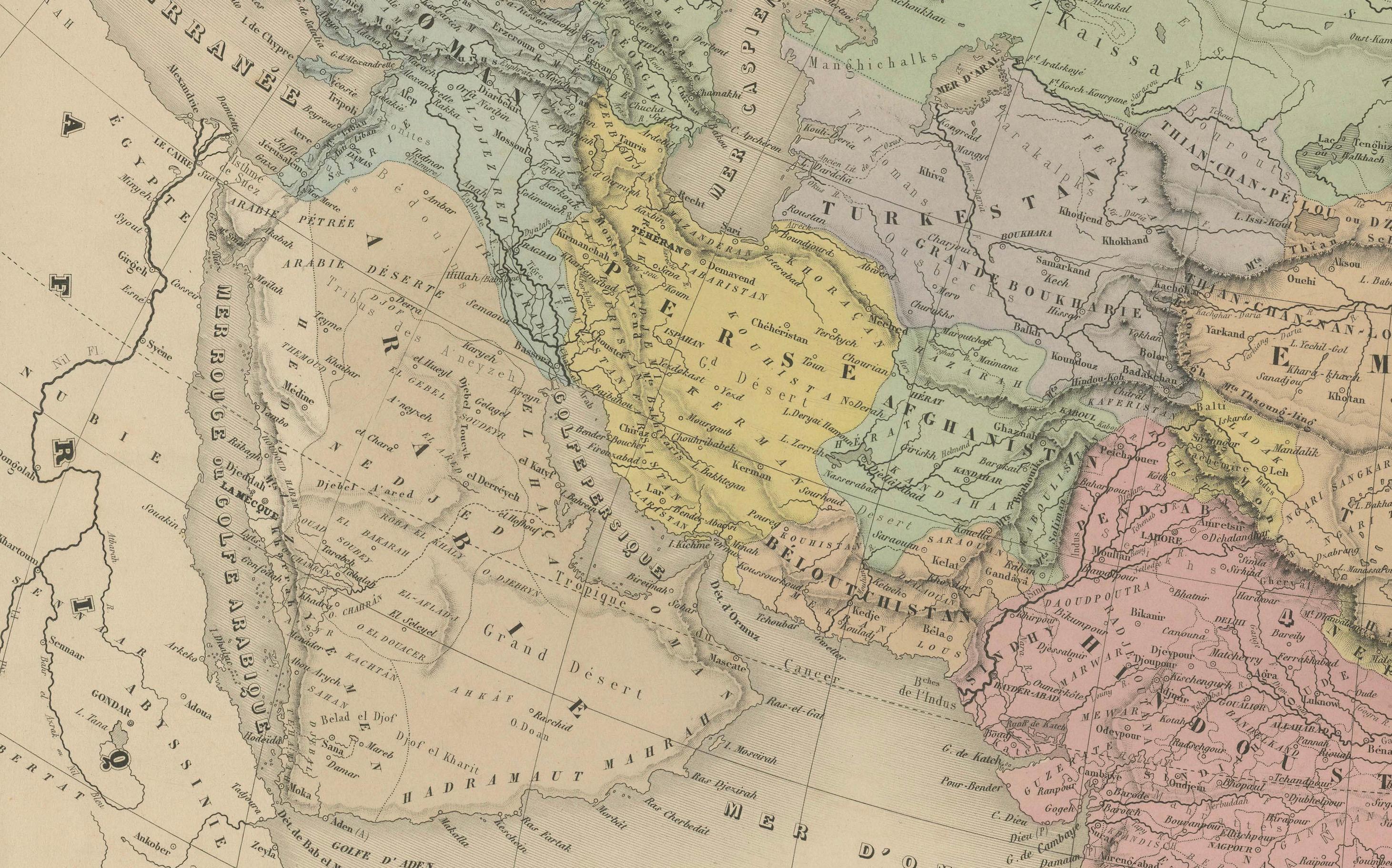 Mapa antiguo de Asia - Gran grabado del siglo XIX con fronteras políticas, 1865 en Bueno estado para la venta en Langweer, NL