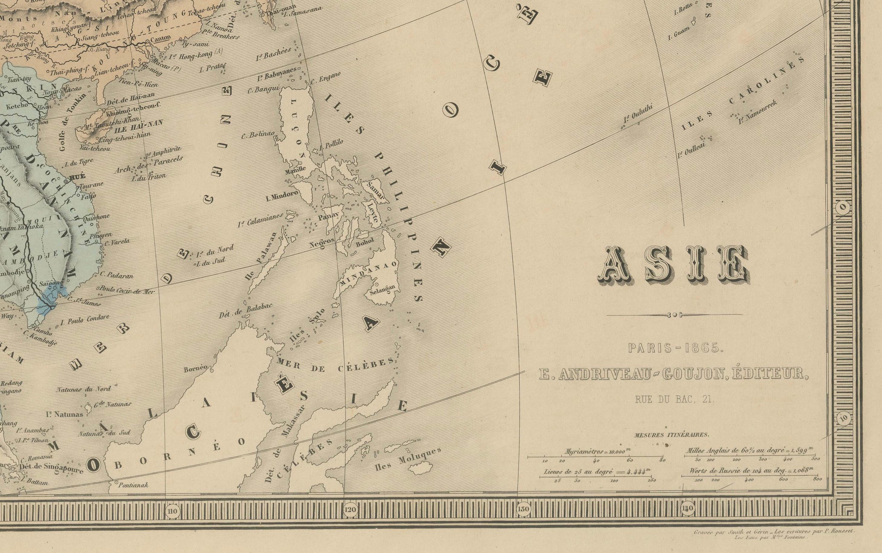 Mapa antiguo de Asia - Gran grabado del siglo XIX con fronteras políticas, 1865 en venta 2