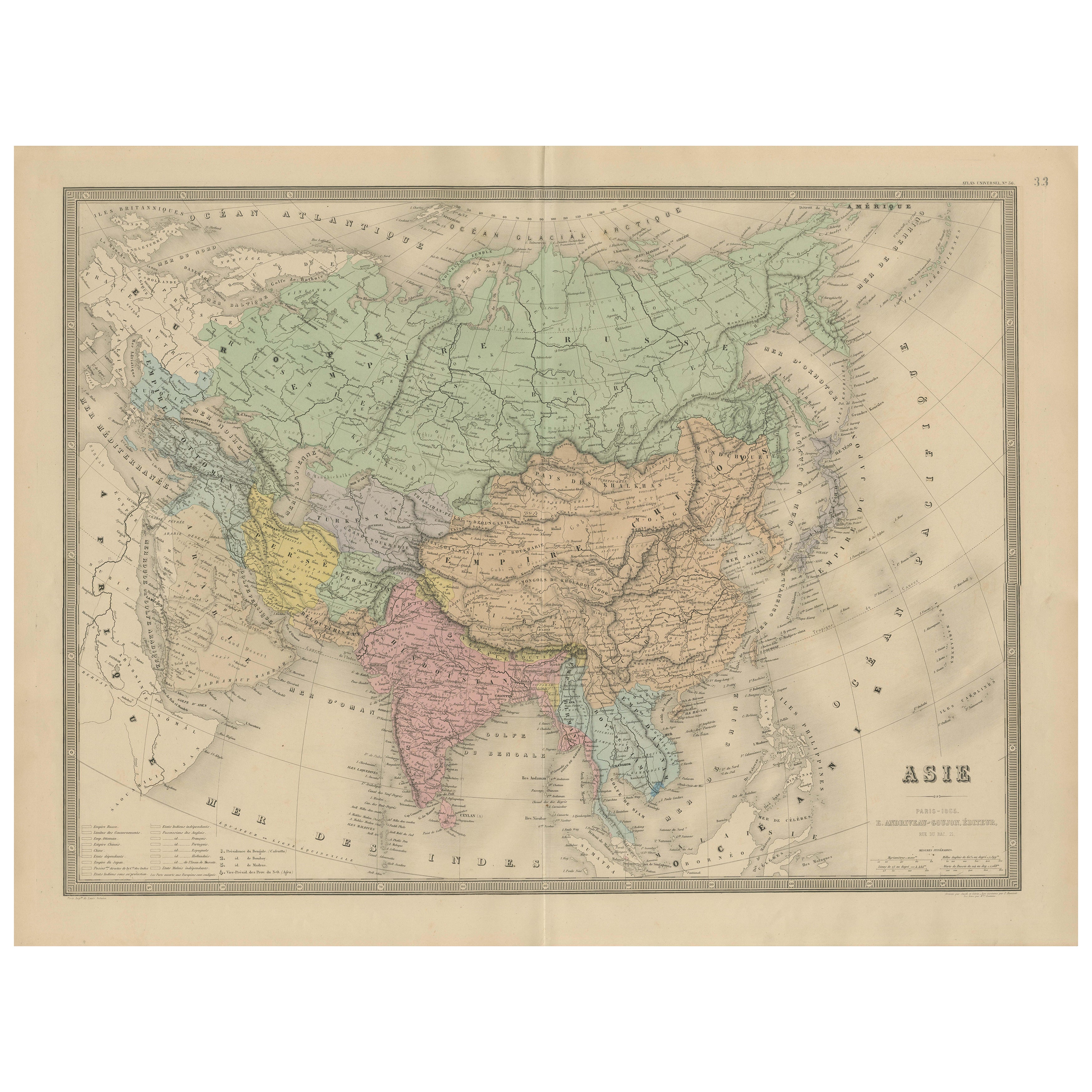 Carte ancienne de l'Asie - Grande gravure du XIXe siècle avec les frontières politiques, 1865 en vente