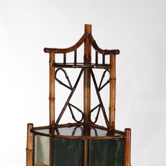 Antique Asian Bamboo Corner Etagere With Floral Leather Tooling & Mirror c1890