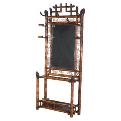 Antique Asian Bamboo Hall Tree & Umbrella Rack With Mirror c1920