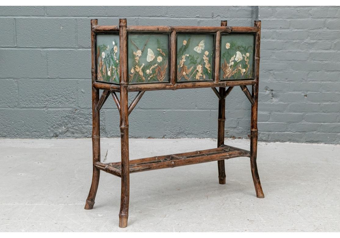 Antique Asian Bamboo Planter Stand With Pressed Floral Decoration  In Good Condition In Bridgeport, CT