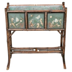 Antique Asian Bamboo Planter Stand With Pressed Floral Decoration 