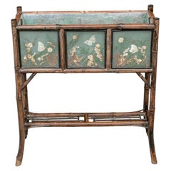 Antique Asian Bamboo Planter Stand With Pressed Floral Decoration