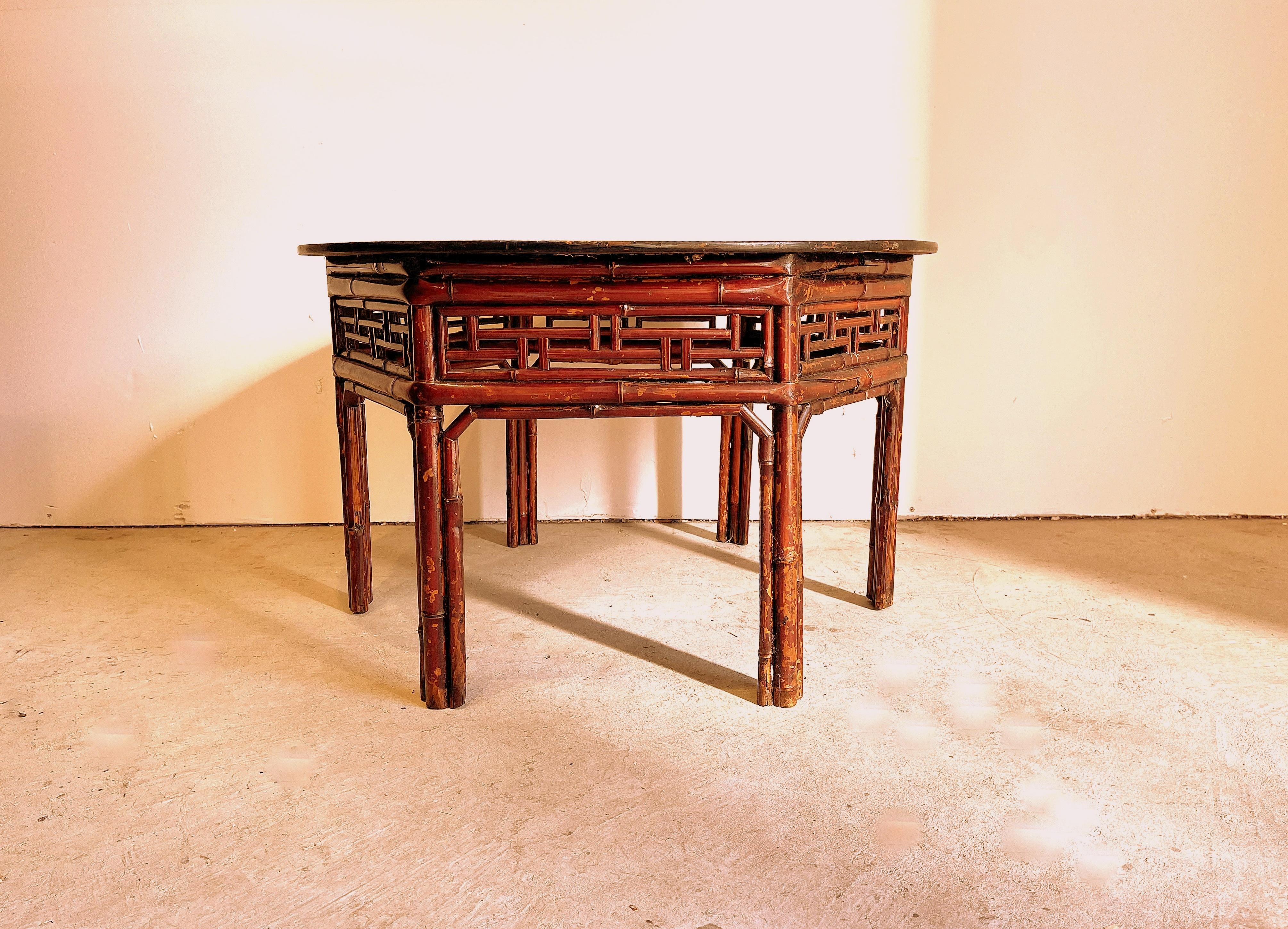 Antique Asian Bamboo Round Low Table with Lacquer Top.