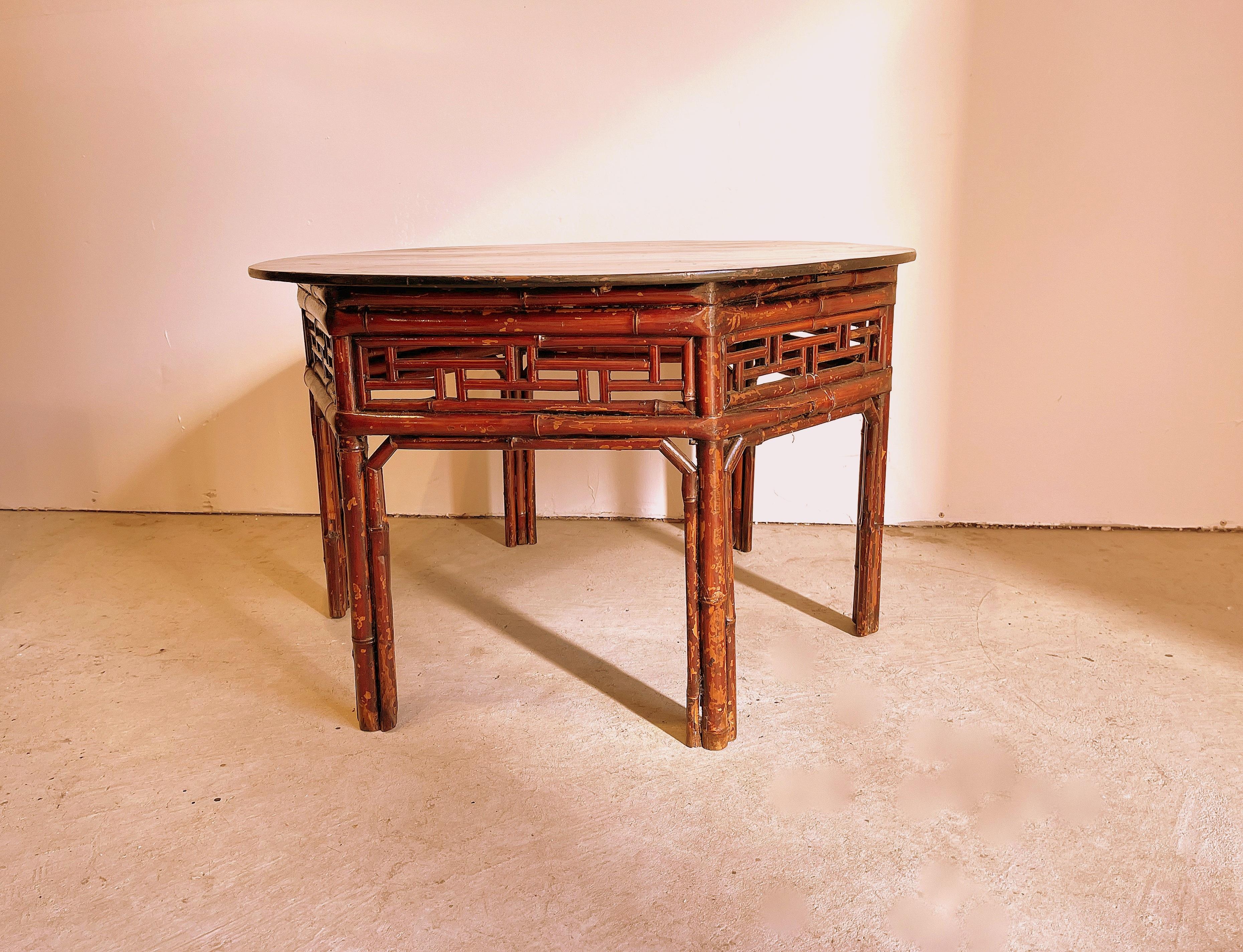 Chinese Antique Asian Bamboo Round Low Table For Sale