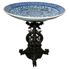 Antique Asian Blue & White Porcelain and Carved Hardwood Table, circa 1900s