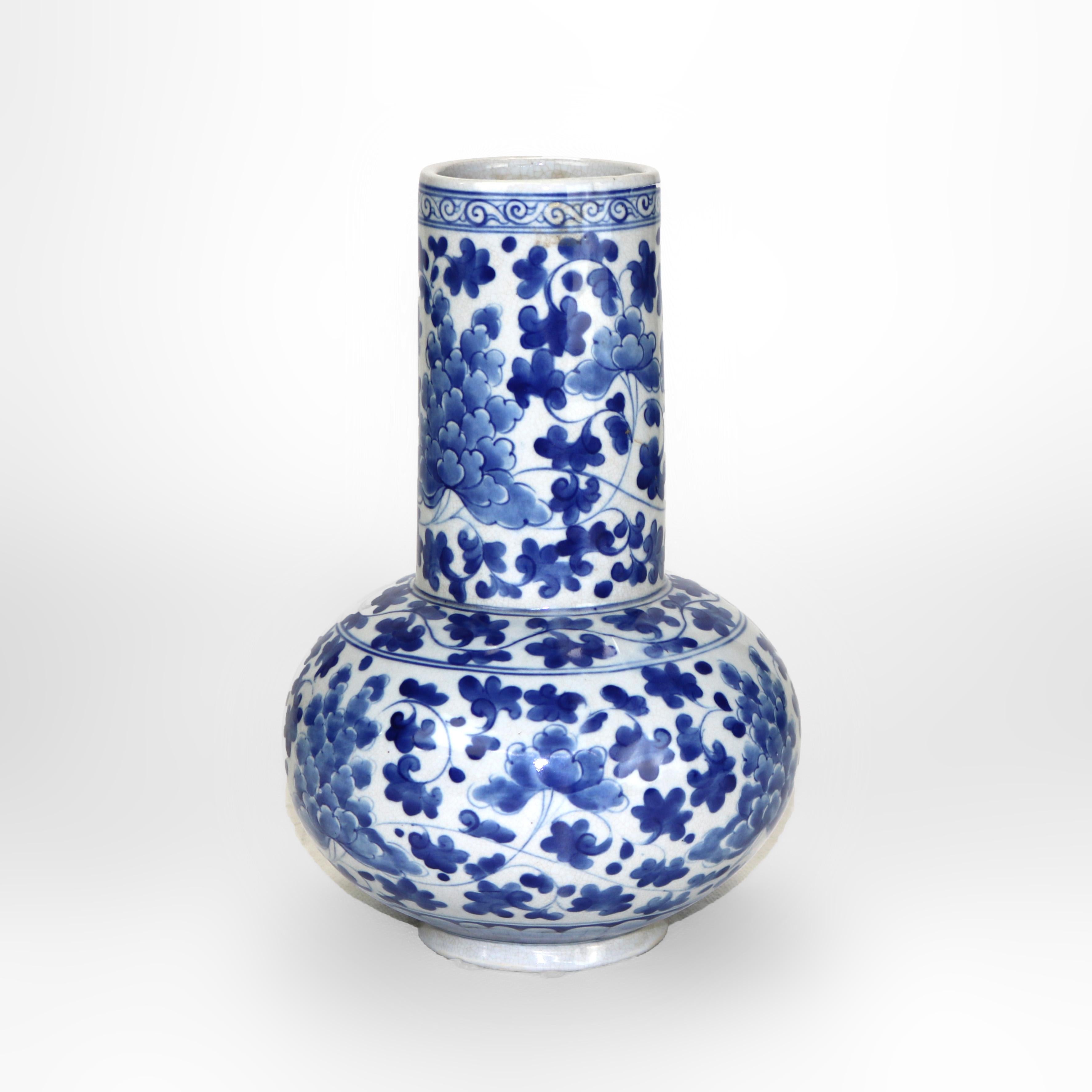 Antique Asian Blue & White Porcelain Bottle Vase Signed C1930 In Good Condition For Sale In Big Flats, NY